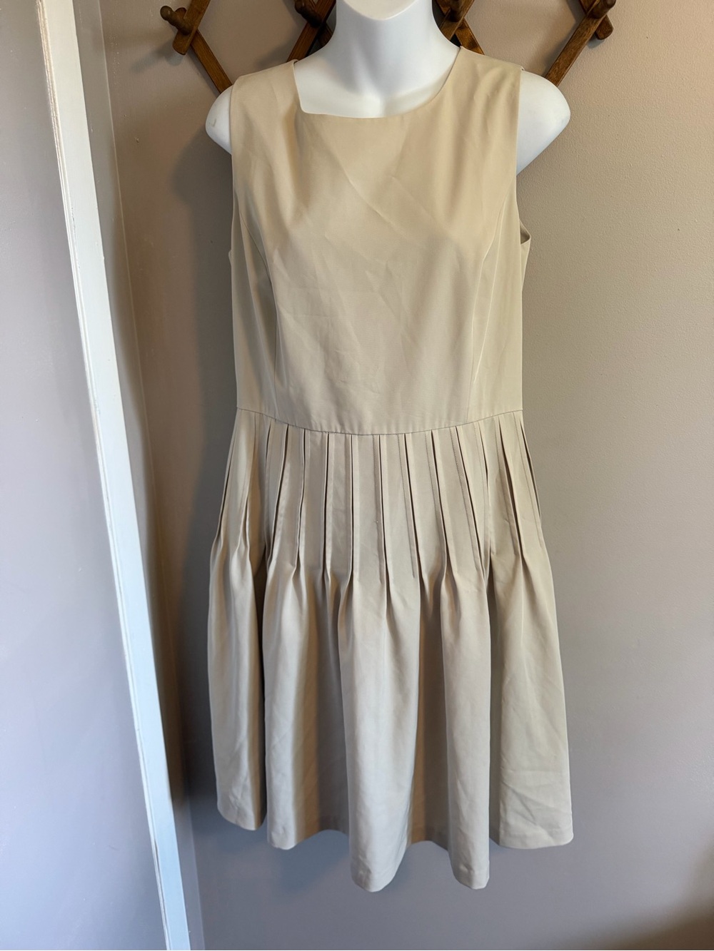 Calvin Klein Pleated High Scoop Neck Fit Flare Beige Dress Size 8